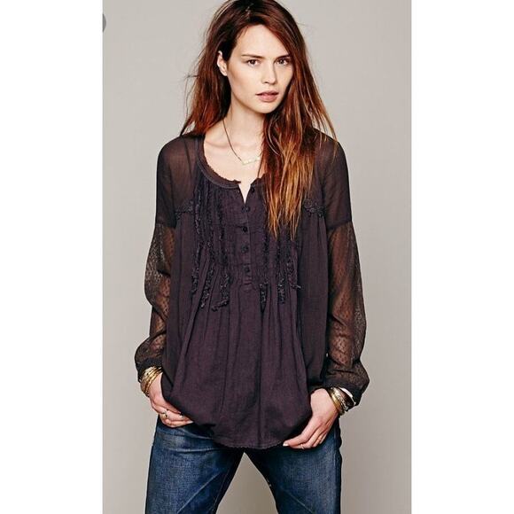 Free People Unique Flowing Polka Dot Mesh + Lace Pleated Detail Cotton Blouse - Picture 1 of 9